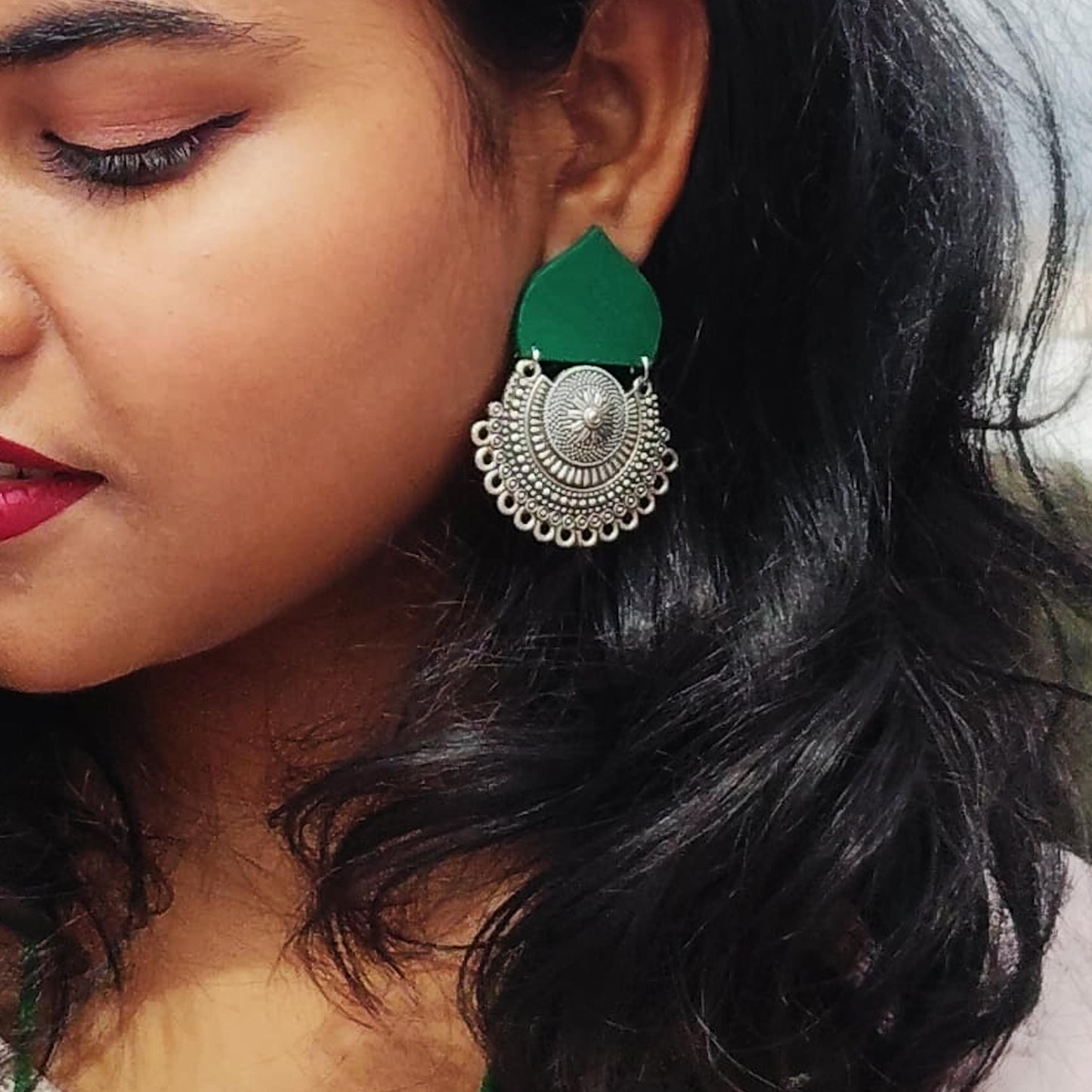 Green Leaf Oxidized Earrings