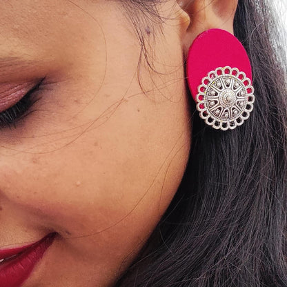 Oxidized Silver and Red Fabric Earrings
