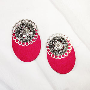 Oxidized Silver and Red Fabric Earrings