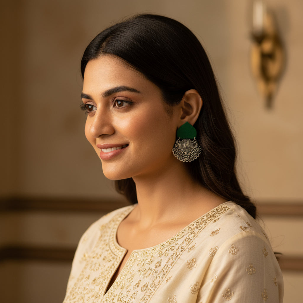 Green Leaf Oxidized Earrings